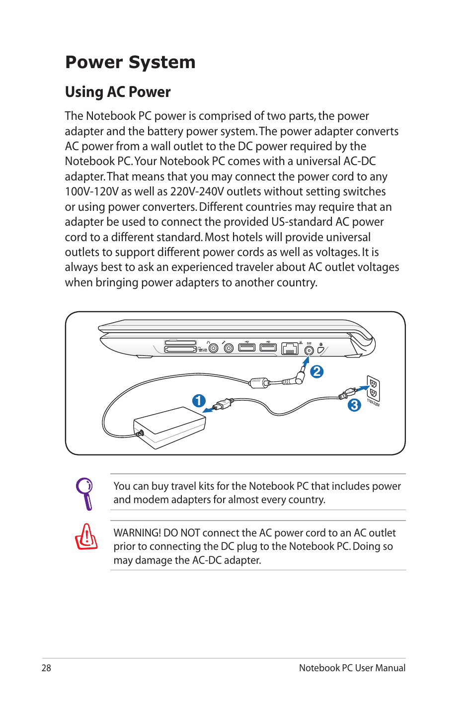 Power system, Using ac power | Asus UL80Jt User Manual | Page 28 / 114