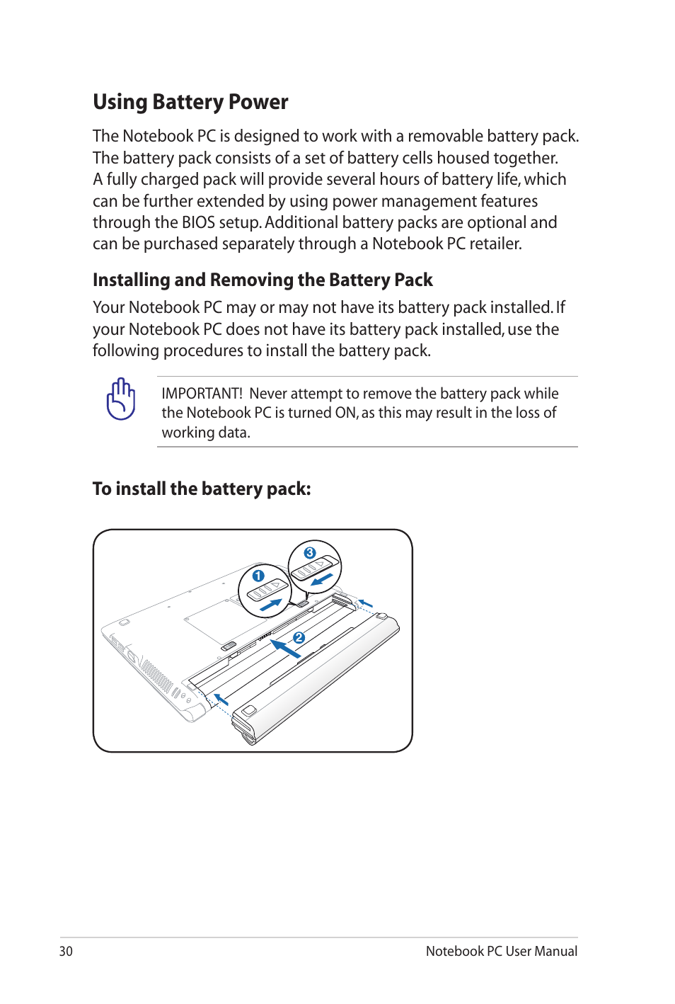 Using battery power, Installing and removing the battery pack | Asus UL80Jt User Manual | Page 30 / 114