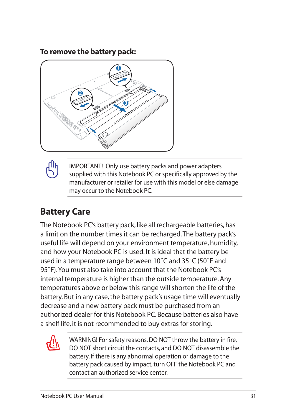 Battery care | Asus UL80Jt User Manual | Page 31 / 114