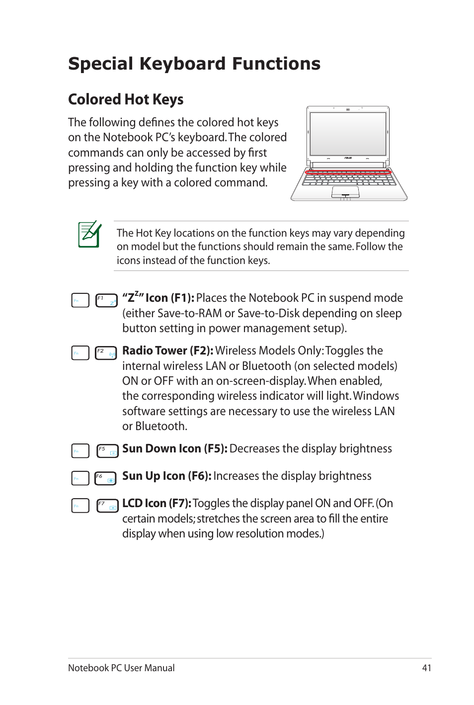 Special keyboard functions, Colored hot keys | Asus UL80Jt User Manual | Page 41 / 114