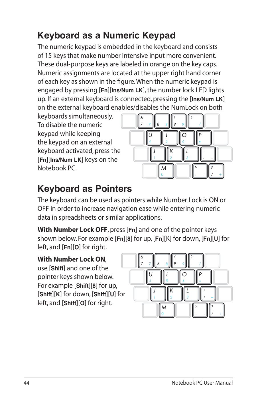 Keyboard as a numeric keypad, Keyboard as pointers | Asus UL80Jt User Manual | Page 44 / 114