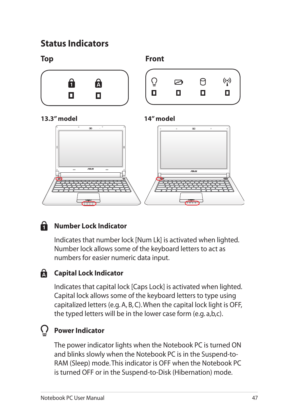 Status indicators | Asus UL80Jt User Manual | Page 47 / 114