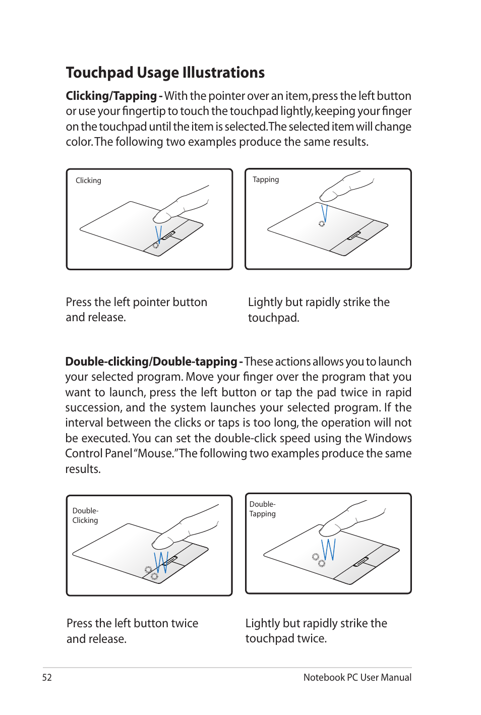 Touchpad usage illustrations | Asus UL80Jt User Manual | Page 52 / 114