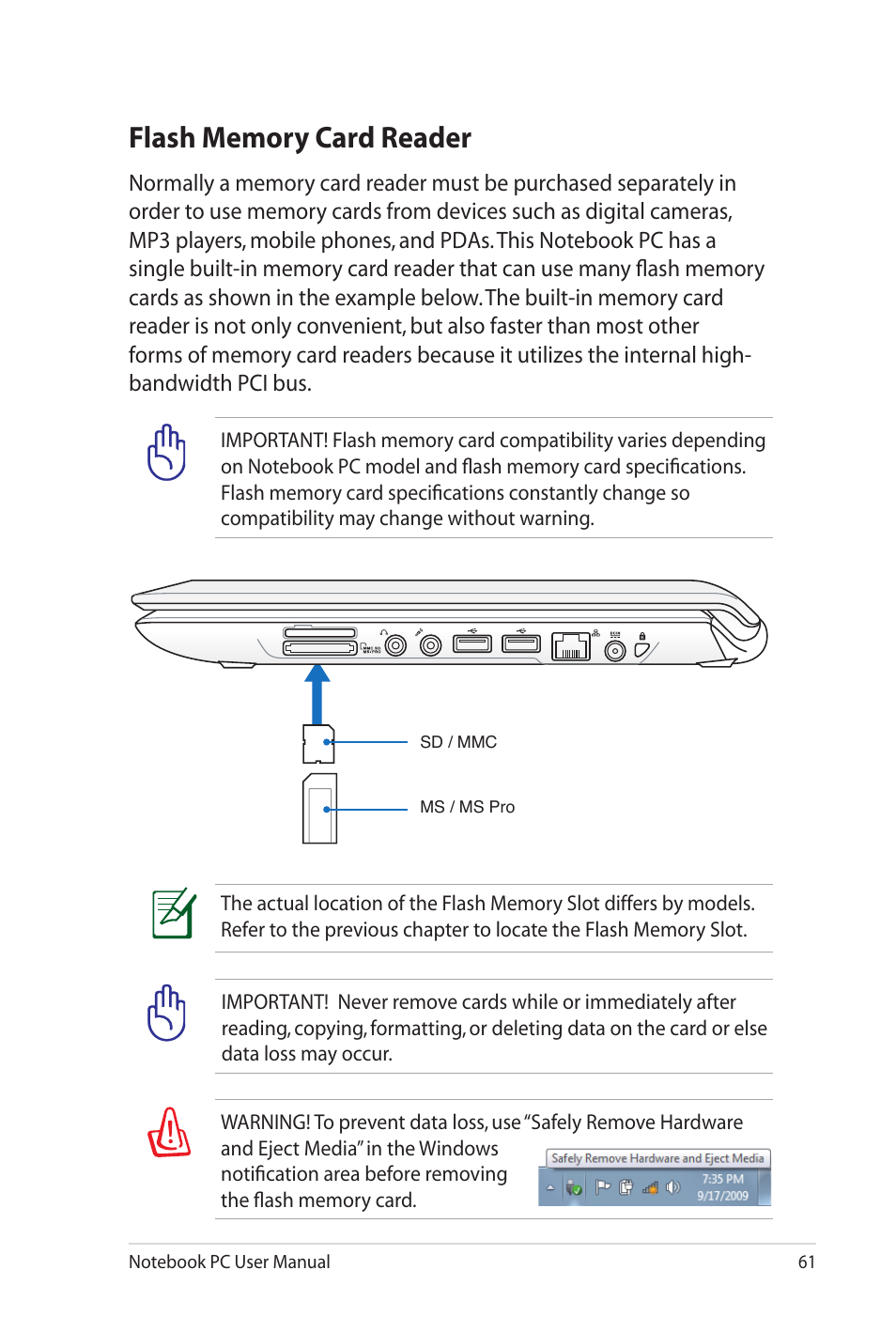 Flash memory card reader | Asus UL80Jt User Manual | Page 61 / 114