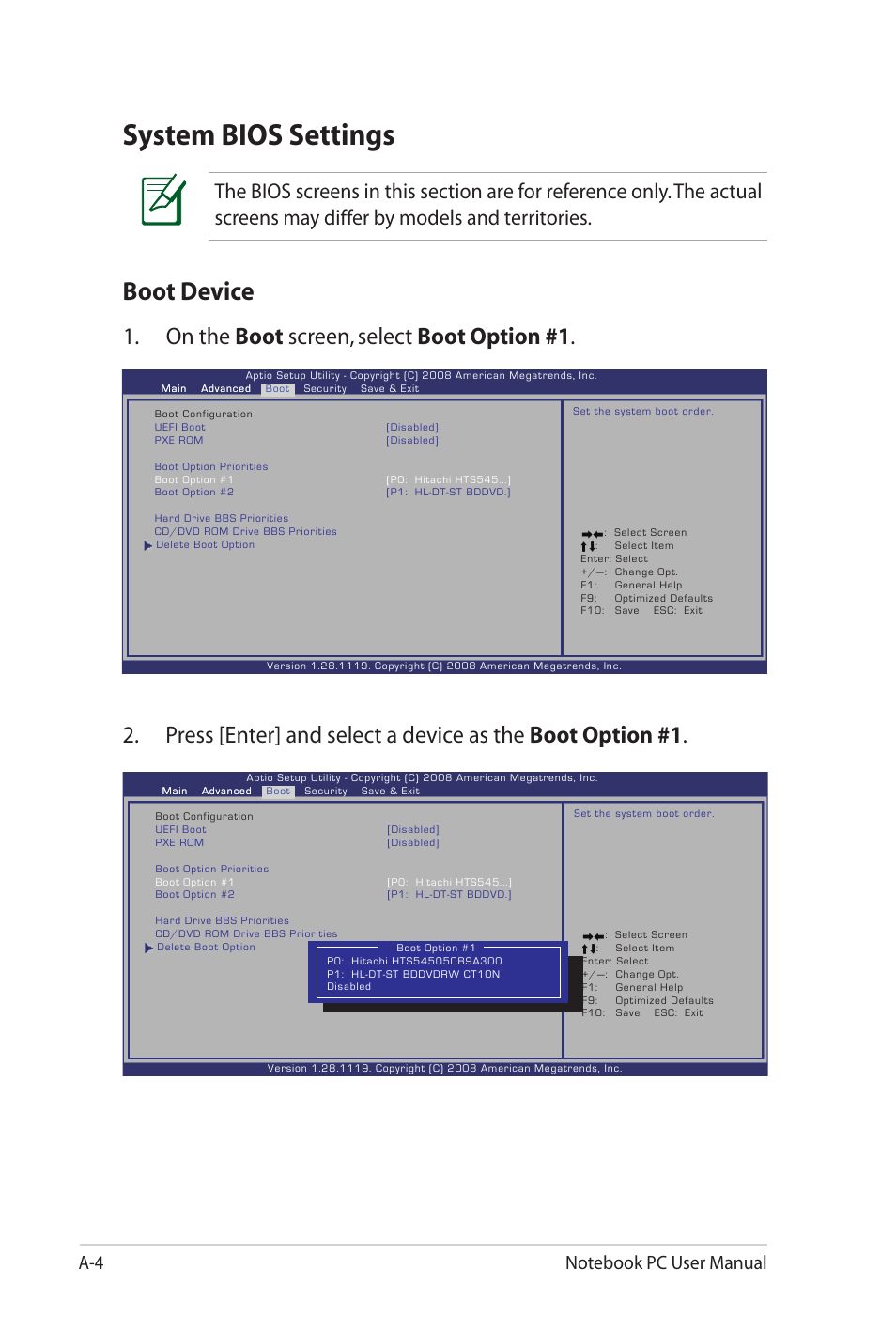 System bios settings, Boot device, On the boot screen, select boot option #1 | Asus UL80Jt User Manual | Page 78 / 114