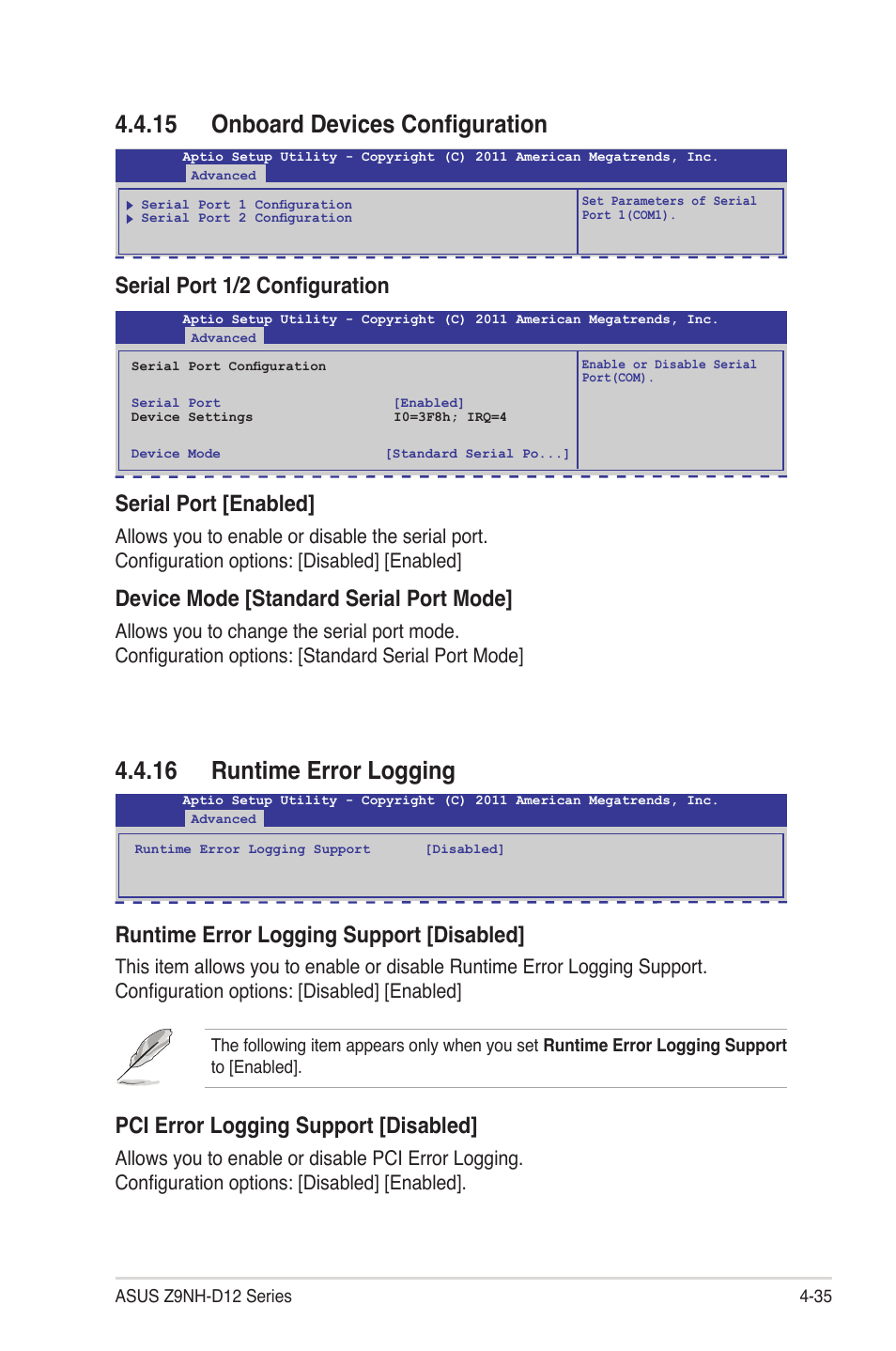 15 onboard devices configuration, 16 runtime error logging, 15 onboard de�ices configuration | Serial port 1/2 configuration, Serial port [enabled, Device mode [standard serial port mode, Runtime error logging support [disabled, Pci error logging support [disabled | Asus Z9NH-D12 User Manual | Page 101 / 196