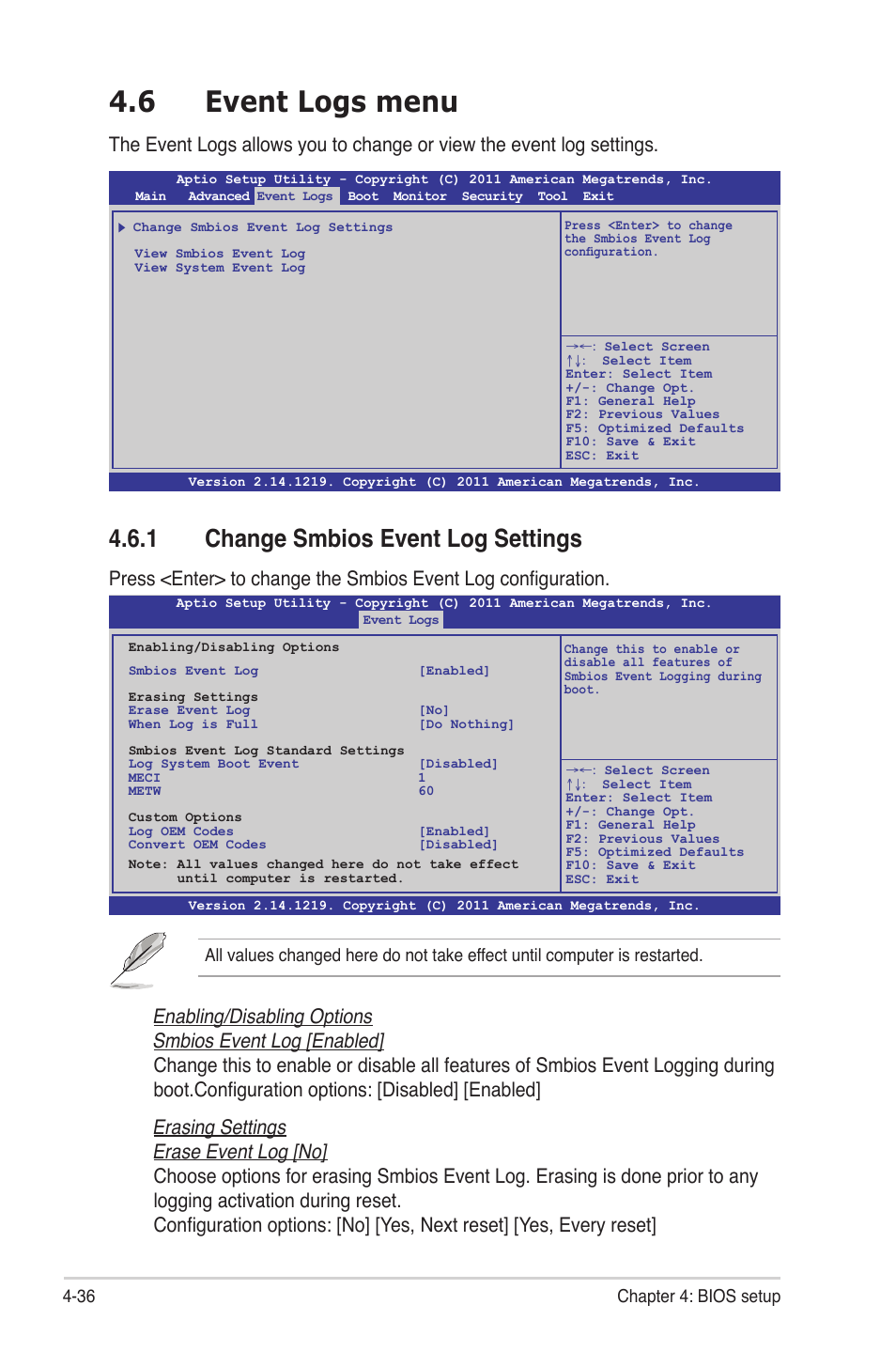 6 event logs menu, 1 change smbios event log settings, Event logs menu -36 4.6.1 | Change smbios event log settings -36, Event logs menu -36, 36 chapter 4: bios setup | Asus Z9NH-D12 User Manual | Page 102 / 196