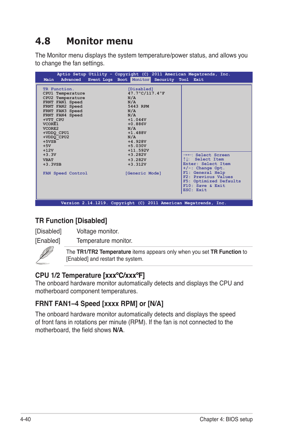 8 monitor menu, Monitor menu -40, Tr function [disabled | Cpu 1/2 temperature [xxx�c/xxx�f] [xxx�c/xxx�f | Asus Z9NH-D12 User Manual | Page 106 / 196