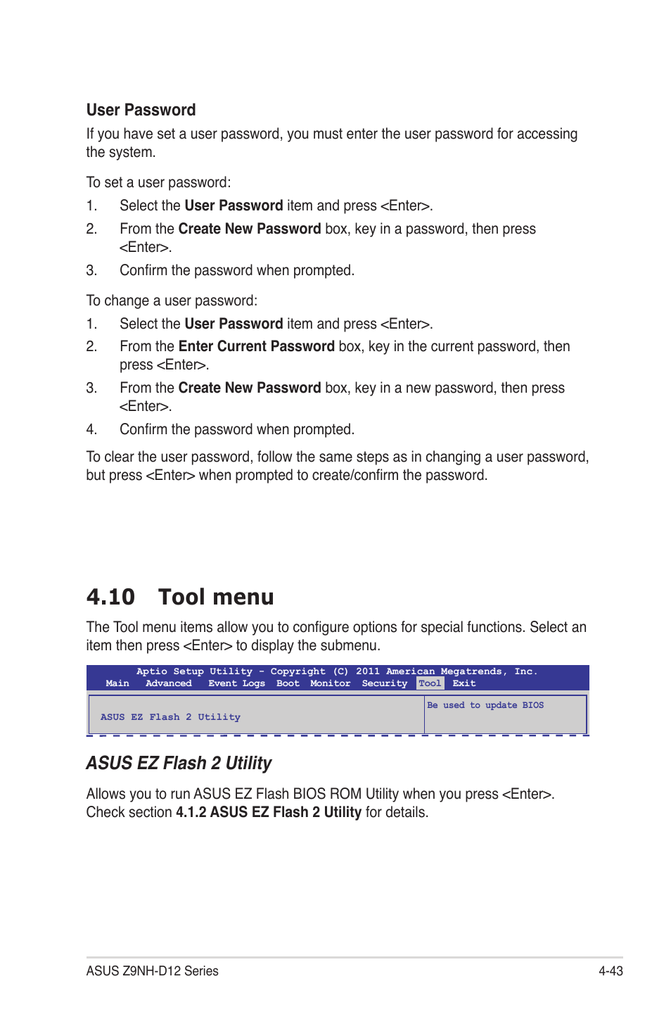 10 tool menu, 10 tool menu -43, Asus ez flash 2 utility | User password | Asus Z9NH-D12 User Manual | Page 109 / 196