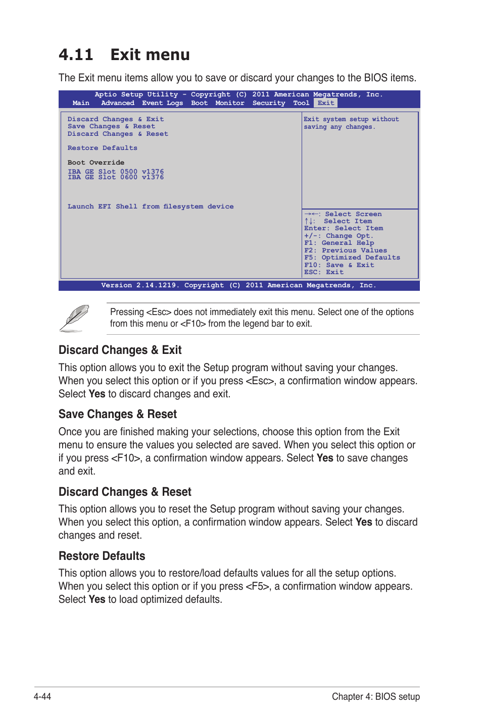 11 exit menu, 11 exit menu -44, Discard changes & exit | Save changes & reset, Discard changes & reset, Restore defaults | Asus Z9NH-D12 User Manual | Page 110 / 196