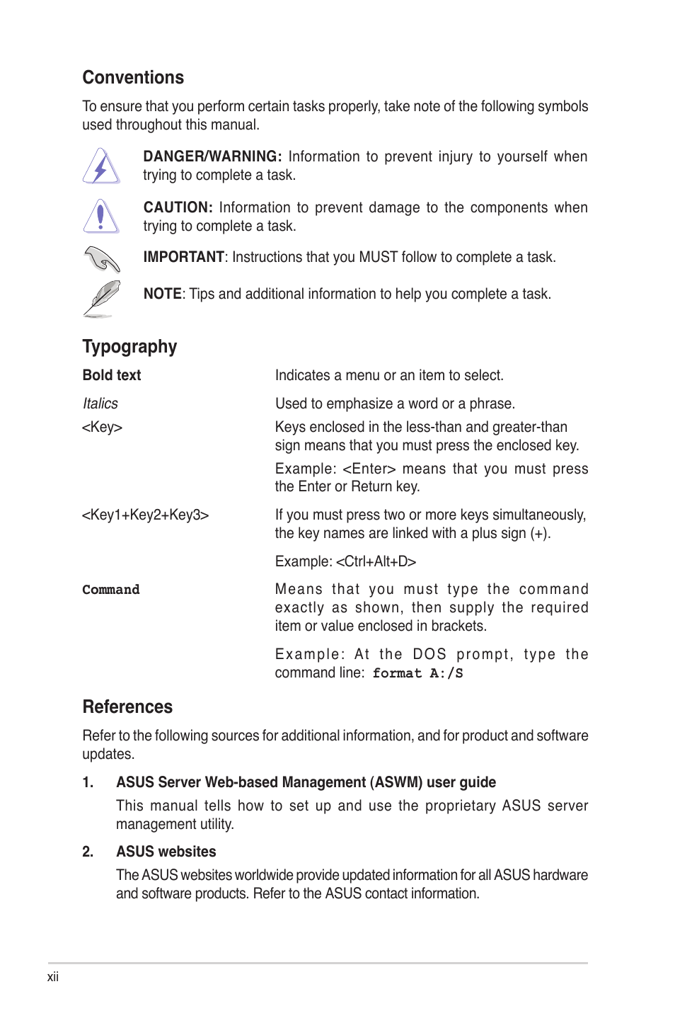 References, Conventions, Typography | Asus Z9NH-D12 User Manual | Page 12 / 196