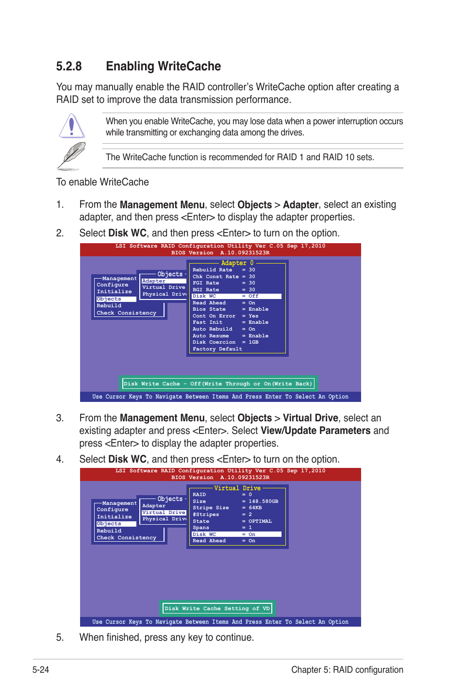 8 enabling writecache, Enabling writecache -24, 24 chapter 5: raid configuration | Asus Z9NH-D12 User Manual | Page 136 / 196