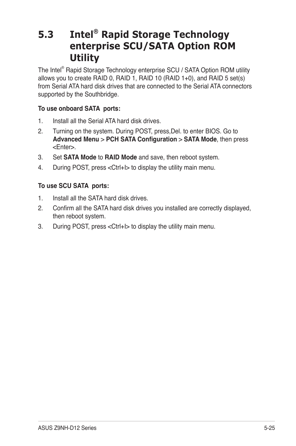 Intel, Utility -25, Rapid storage technology enterprise scu/sata | Option rom utility -25, 3 intel | Asus Z9NH-D12 User Manual | Page 137 / 196