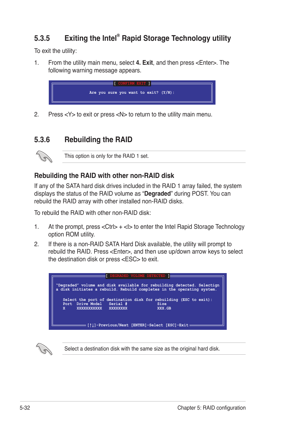 6 rebuilding the raid, Exiting the intel, Rapid storage technology utility -32 | Rebuilding the raid -32, 5 exiting the intel, Rapid storage technology utility, Rebuilding the raid with other non-raid disk | Asus Z9NH-D12 User Manual | Page 144 / 196