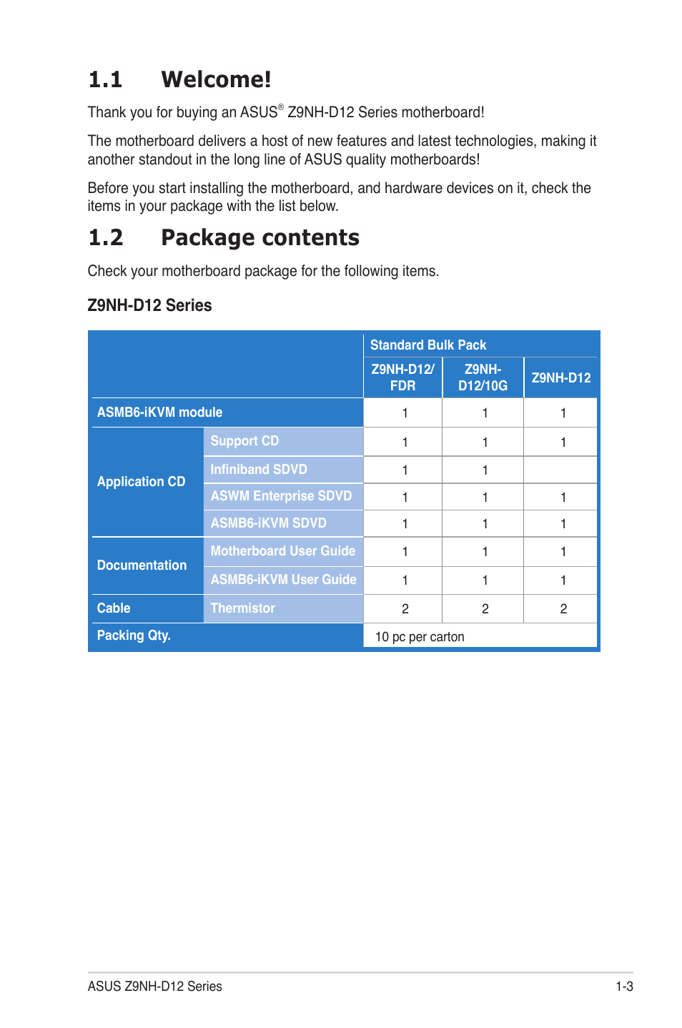 1 welcome, 2 package contents, Welcome! -3 | Package contents -3, Z9nh-d12 series | Asus Z9NH-D12 User Manual | Page 17 / 196