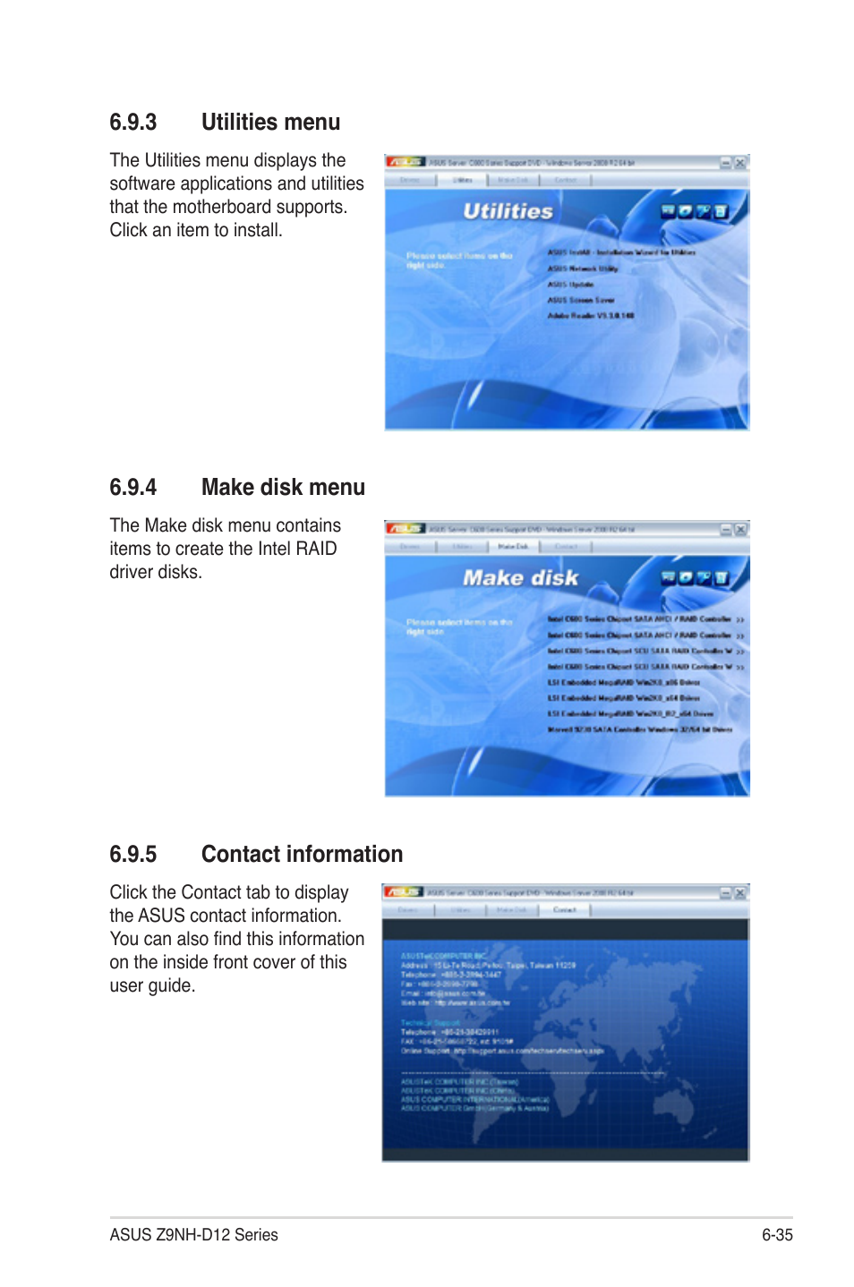 3 utilities menu, 4 make disk menu, 5 contact information | Utilities menu -35, Make disk menu -35, Contact information -35 | Asus Z9NH-D12 User Manual | Page 187 / 196