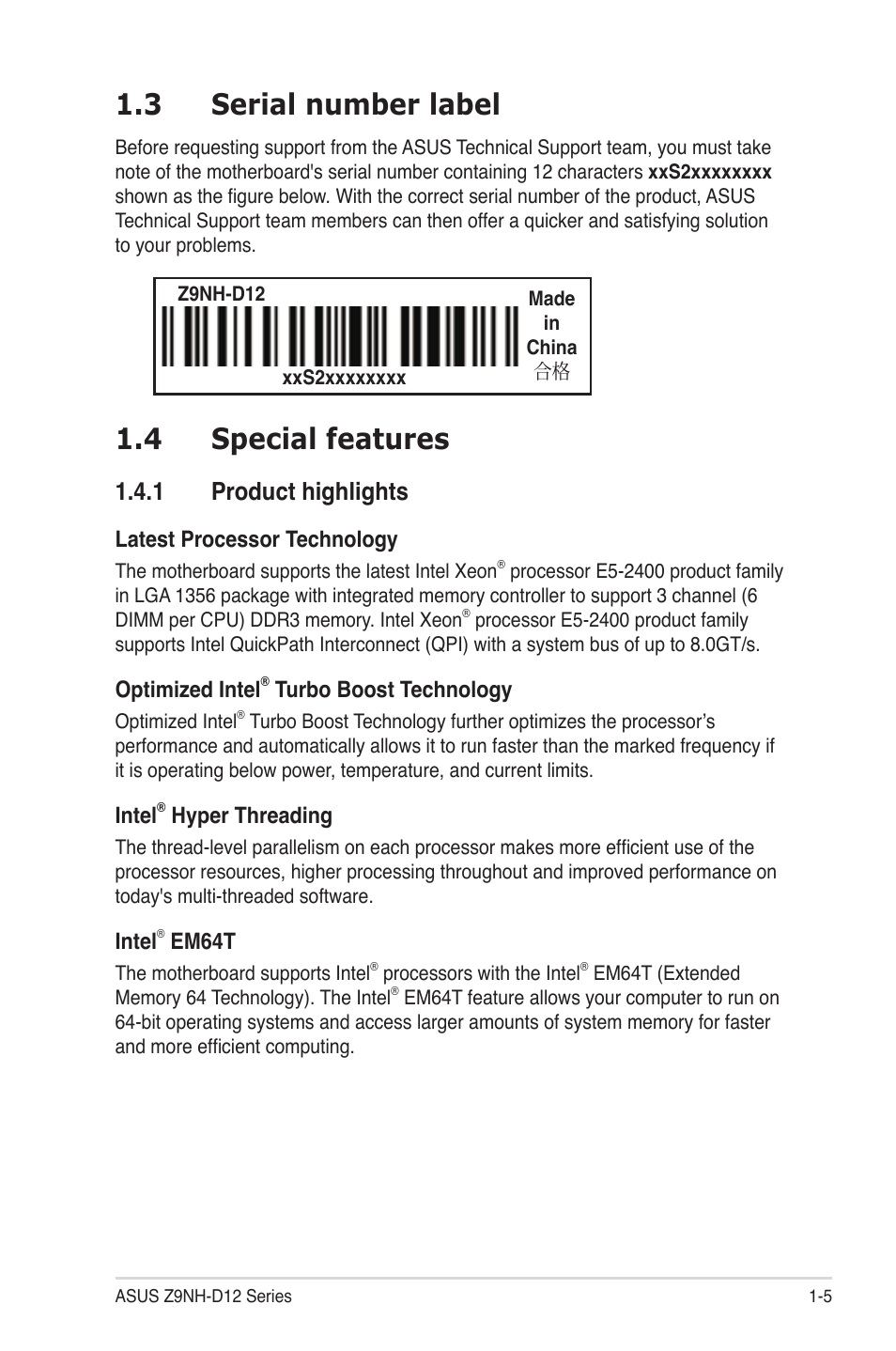 3 serial number label, 4 special features, 1 product highlights | Serial number label -5, Special features -5 1.4.1, Product highlights -5, Special features -5 | Asus Z9NH-D12 User Manual | Page 19 / 196