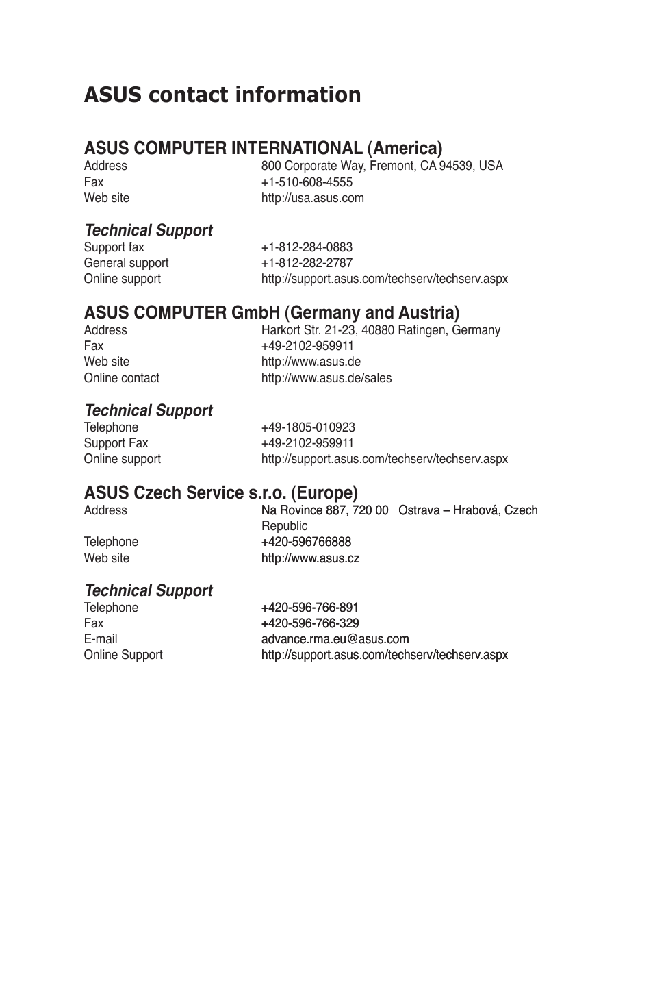 Asus contact information, Asus computer international (america), Asus computer gmbh (germany and austria) | Asus czech service s.r.o. (europe), Technical support | Asus Z9NH-D12 User Manual | Page 194 / 196