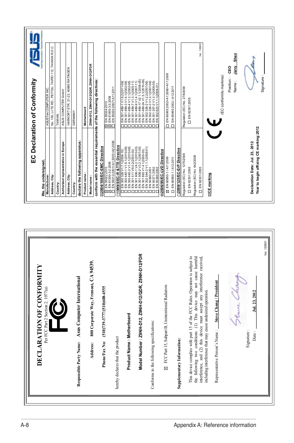 Declaration of conformity, Asu s c om pu te r i nt er na tio na l | Asus Z9NH-D12 User Manual | Page 196 / 196
