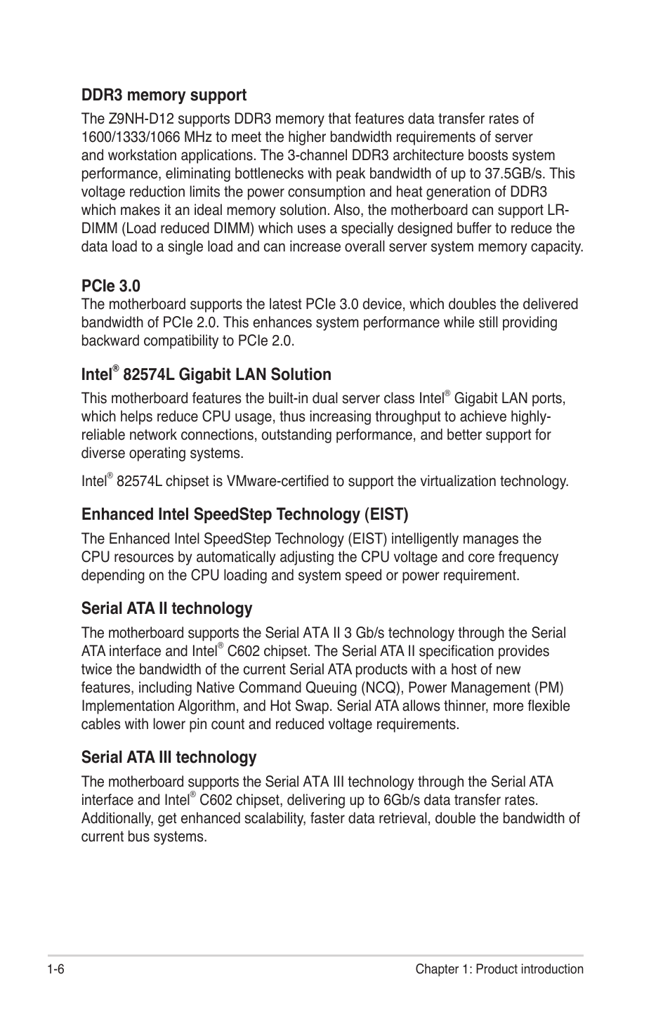 Pcie 3.0, Intel, Enhanced intel speedstep technology (eist) | Serial ata ii technology, Serial ata iii technology | Asus Z9NH-D12 User Manual | Page 20 / 196