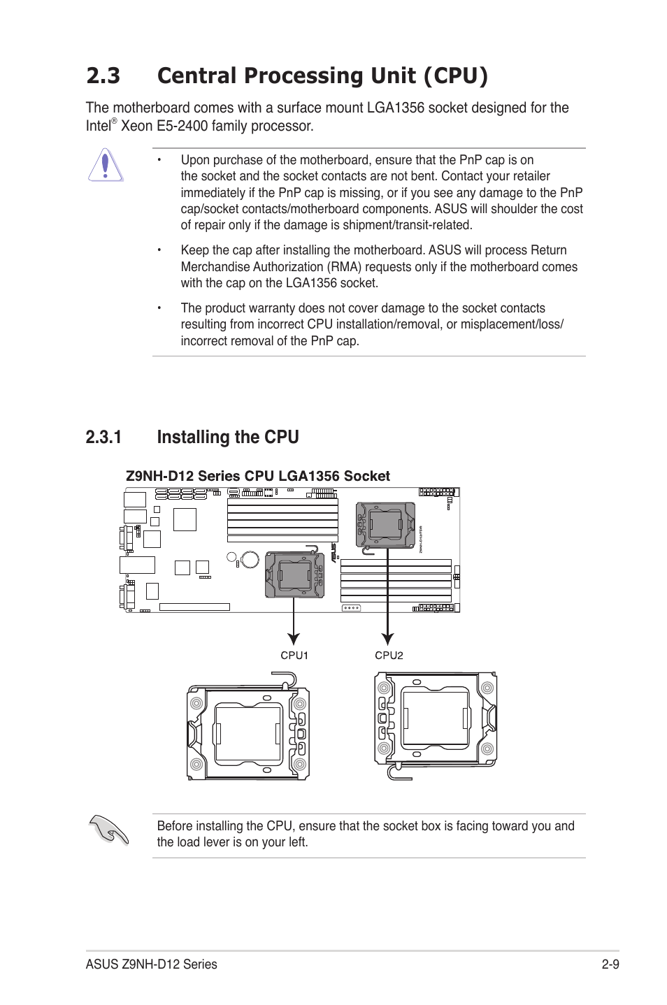 3 central processing unit (cpu), 1 installing the cpu, Central processing unit (cpu) -9 2.3.1 | Installing the cpu -9, Central processing unit (cpu) -9 | Asus Z9NH-D12 User Manual | Page 31 / 196