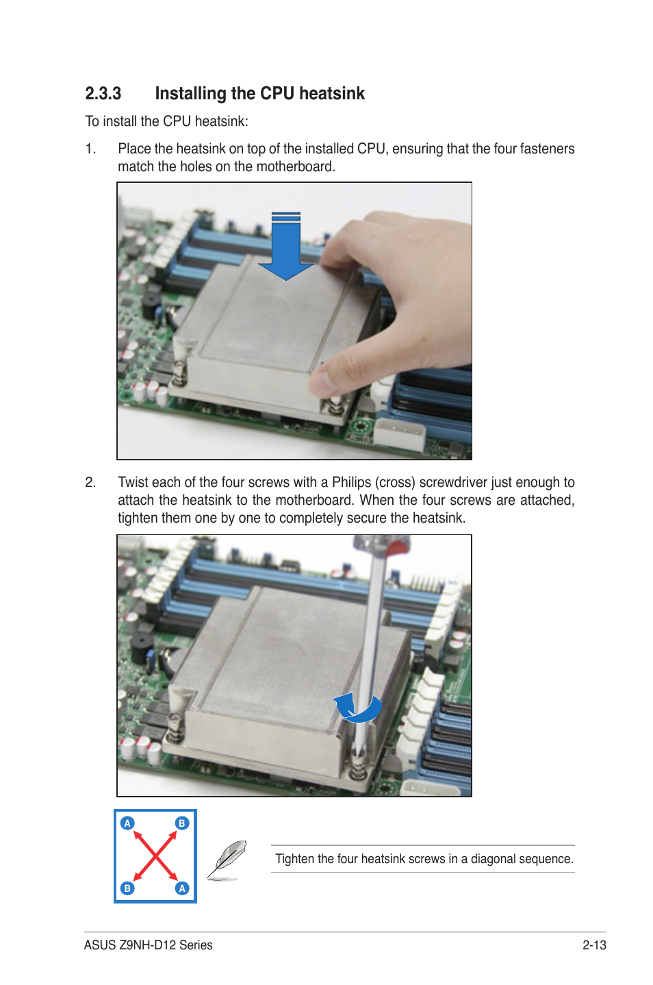 3 installing the cpu heatsink, Installing the cpu heatsink -13 | Asus Z9NH-D12 User Manual | Page 35 / 196