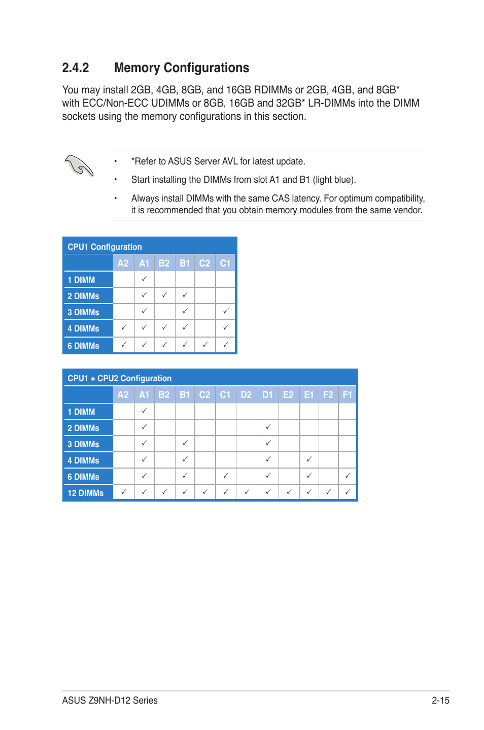 2 memory configurations, Memory configurations -15 | Asus Z9NH-D12 User Manual | Page 37 / 196