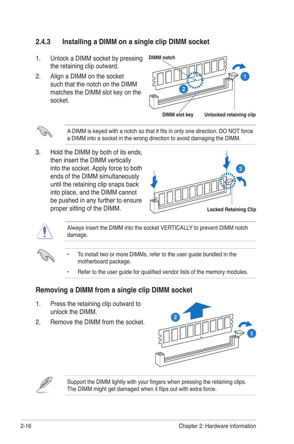 3 installing a dimm on a single clip dimm socket, Removing a dimm from a single clip dimm socket | Asus Z9NH-D12 User Manual | Page 38 / 196