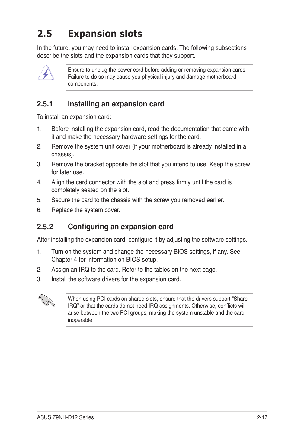 5 expansion slots, 1 installing an expansion card, 2 configuring an expansion card | Expansion slots -17 2.5.1, Installing an expansion card -17, Configuring an expansion card -17, Expansion slots -17 | Asus Z9NH-D12 User Manual | Page 39 / 196