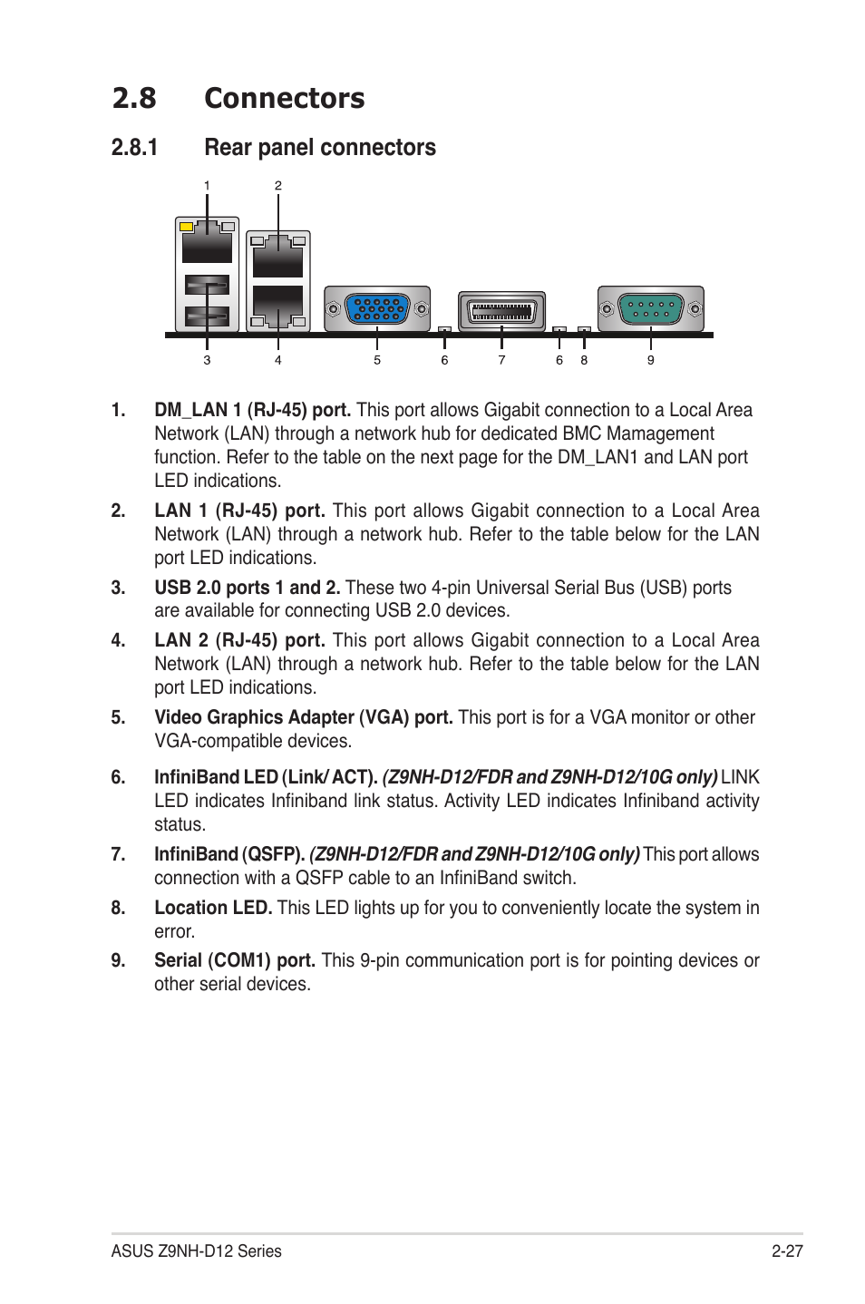 8 connectors, 1 rear panel connectors, Connectors -27 2.8.1 | Rear panel connectors -27, Connectors -27 | Asus Z9NH-D12 User Manual | Page 49 / 196