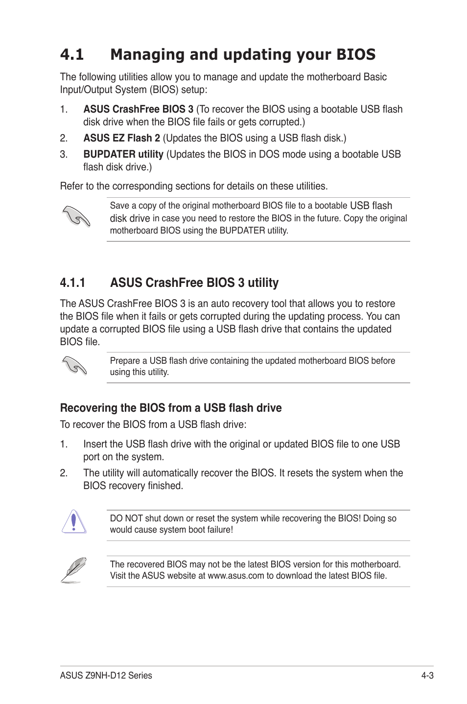 1 managing and updating your bios, 1 asus crashfree bios 3 utility, Managing and updating your bios -3 4.1.1 | Asus crashfree bios 3 utility -3, Managing and updating your bios -3 | Asus Z9NH-D12 User Manual | Page 69 / 196