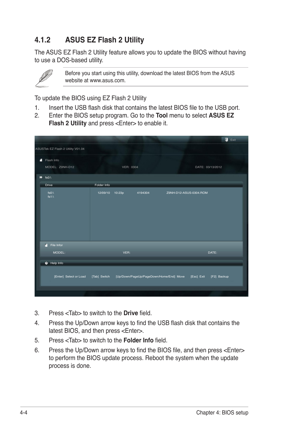 2 asus ez flash 2 utility, Asus ez flash 2 utility -4, 4 chapter 4: bios setup | Asus Z9NH-D12 User Manual | Page 70 / 196