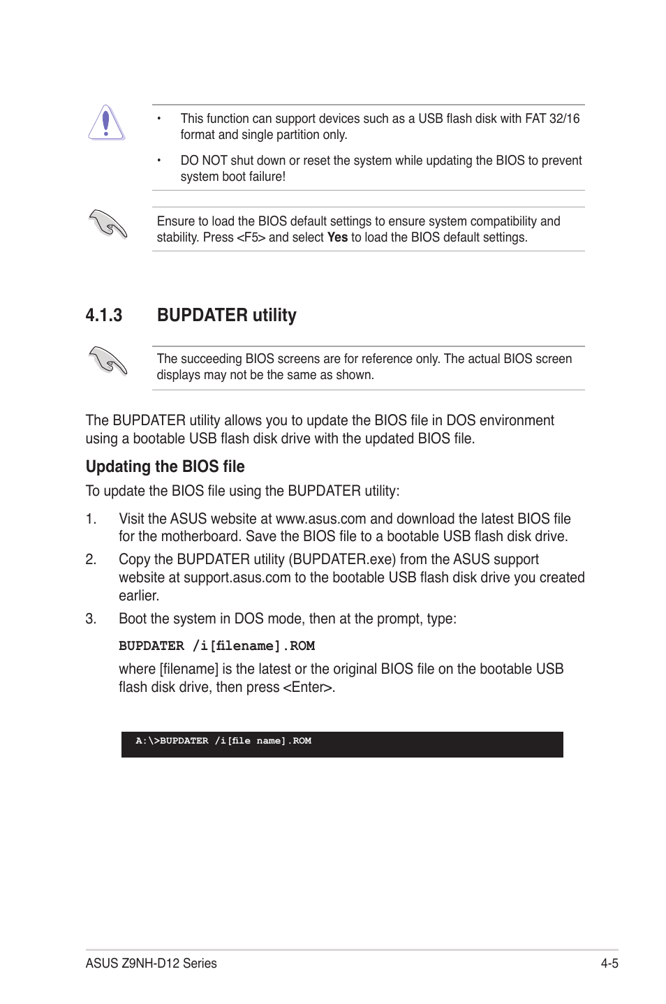 3 bupdater utility, Bupdater utility -5, Updating the �ios file | Asus Z9NH-D12 User Manual | Page 71 / 196
