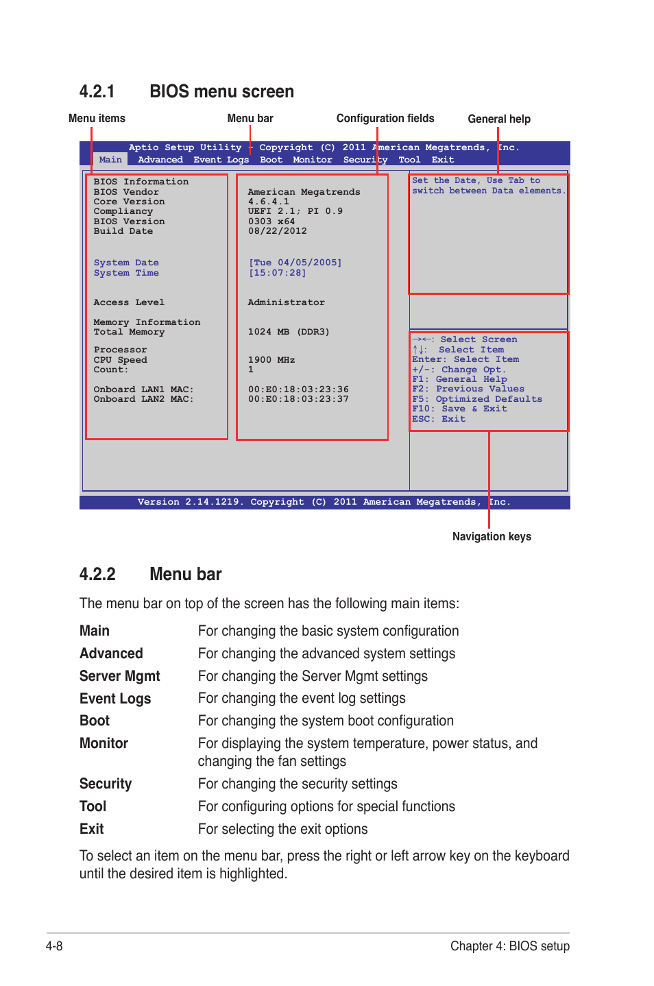 1 bios menu screen, 2 menu bar, Bios menu screen -8 | Menu bar -8 | Asus Z9NH-D12 User Manual | Page 74 / 196