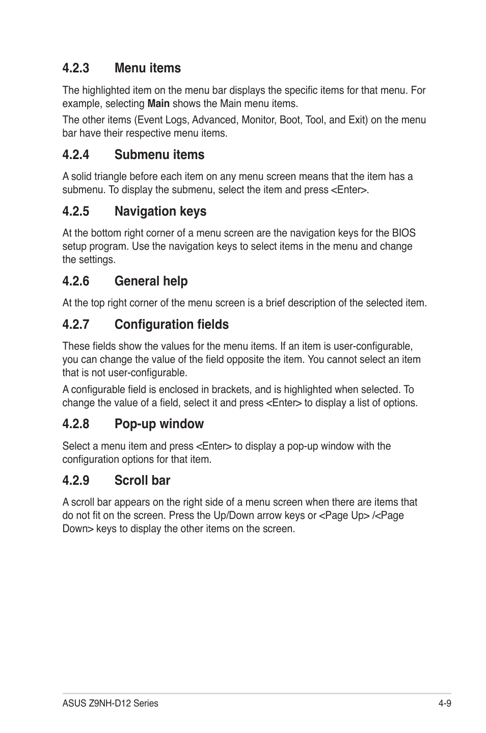 3 menu items, 4 submenu items, 5 navigation keys | 6 general help, 7 configuration fields, 8 pop-up window, 9 scroll bar, Menu items -9, Submenu items -9, Navigation keys -9 | Asus Z9NH-D12 User Manual | Page 75 / 196