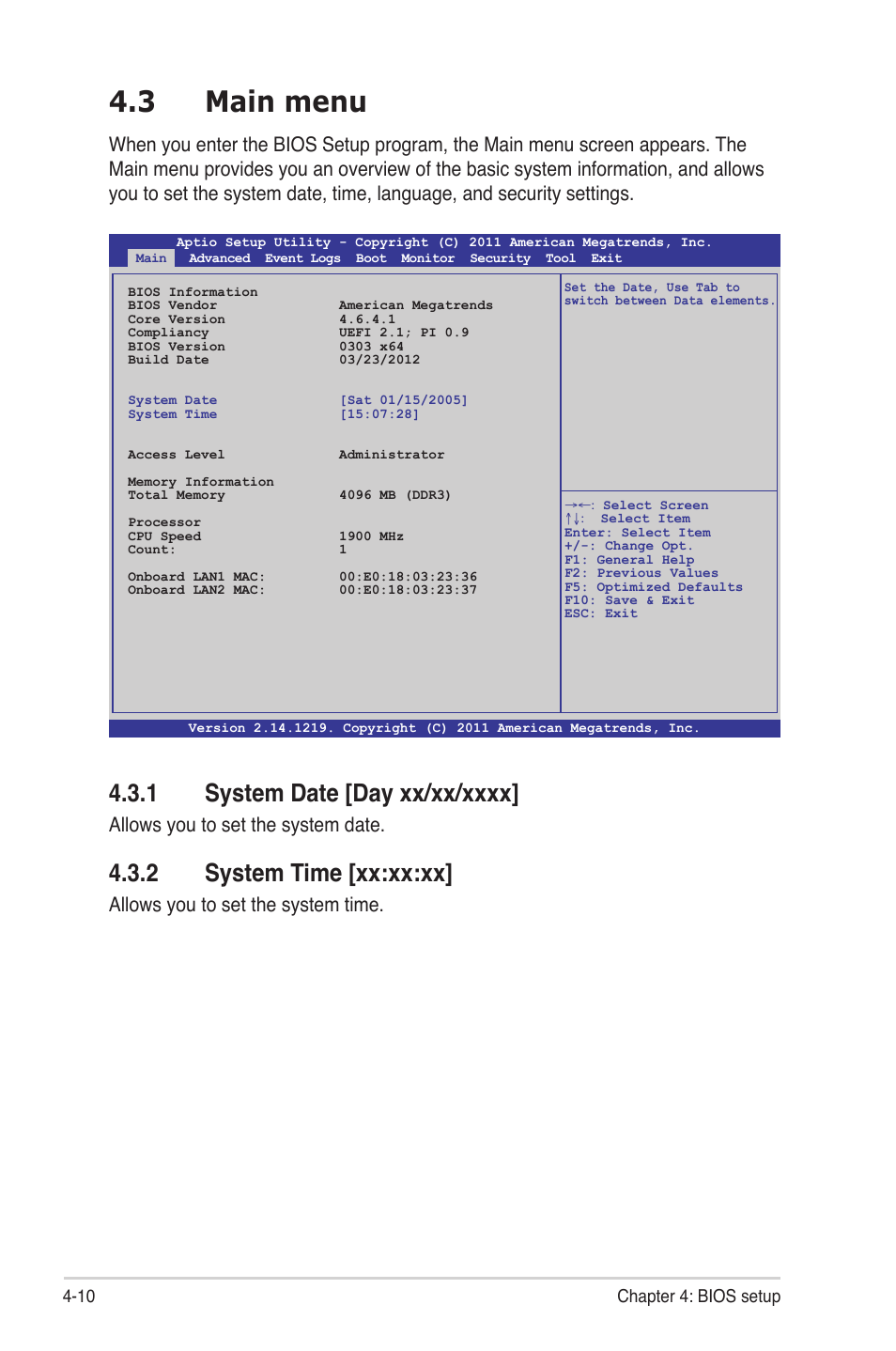 3 main menu, 1 system date [day xx/xx/xxxx, 2 system time [xx:xx:xx | Main menu -10 4.3.1, System date [day xx/xx/xxxx] -10, System time [xx:xx:xx] -10, Main menu -10, Allows you to set the system date, Allows you to set the system time | Asus Z9NH-D12 User Manual | Page 76 / 196