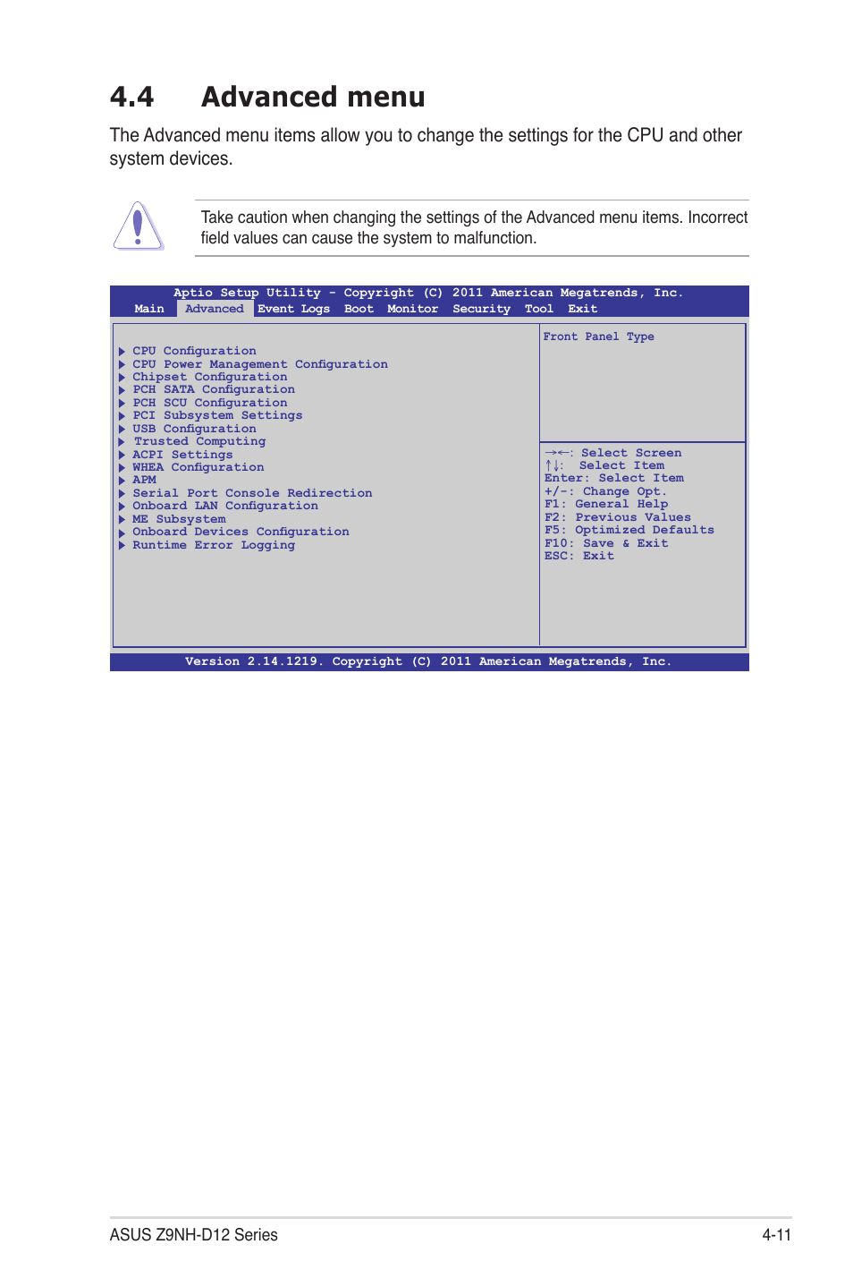 4 advanced menu, Advanced menu -11 | Asus Z9NH-D12 User Manual | Page 77 / 196