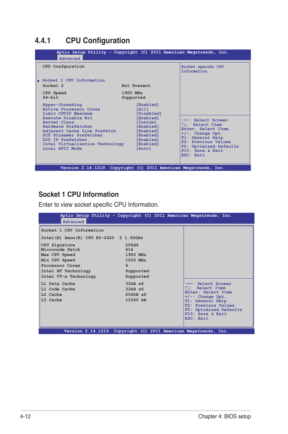1 cpu configuration, Cpu configuration -12, Socket 1 cpu information | Enter to view socket specific cpu information, 12 chapter 4: bios setup | Asus Z9NH-D12 User Manual | Page 78 / 196