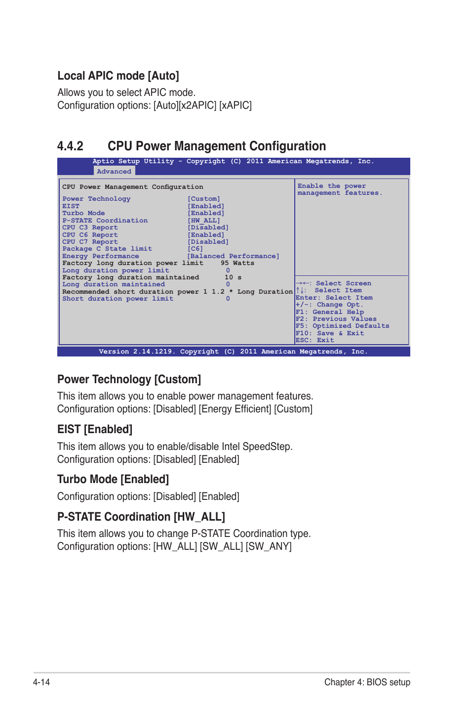 2 cpu power management configuration, Cpu power management configuration -14, Power technology [custom | Eist [enabled, Turbo mode [enabled, P-state coordination [hw_all, Local apic mode [auto, Configuration options: [disabled] [enabled | Asus Z9NH-D12 User Manual | Page 80 / 196