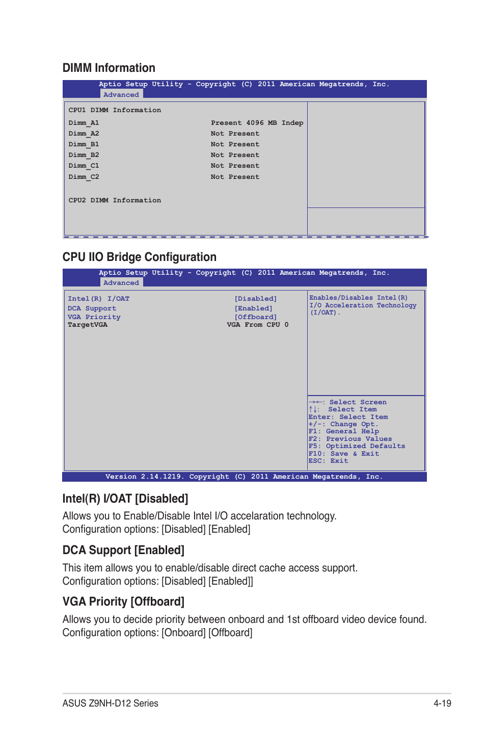 Intel(r) i/oat [disabled, Dca support [enabled, Vga priority [offboard | Cpu iio �ridge configuration, Dimm information | Asus Z9NH-D12 User Manual | Page 85 / 196