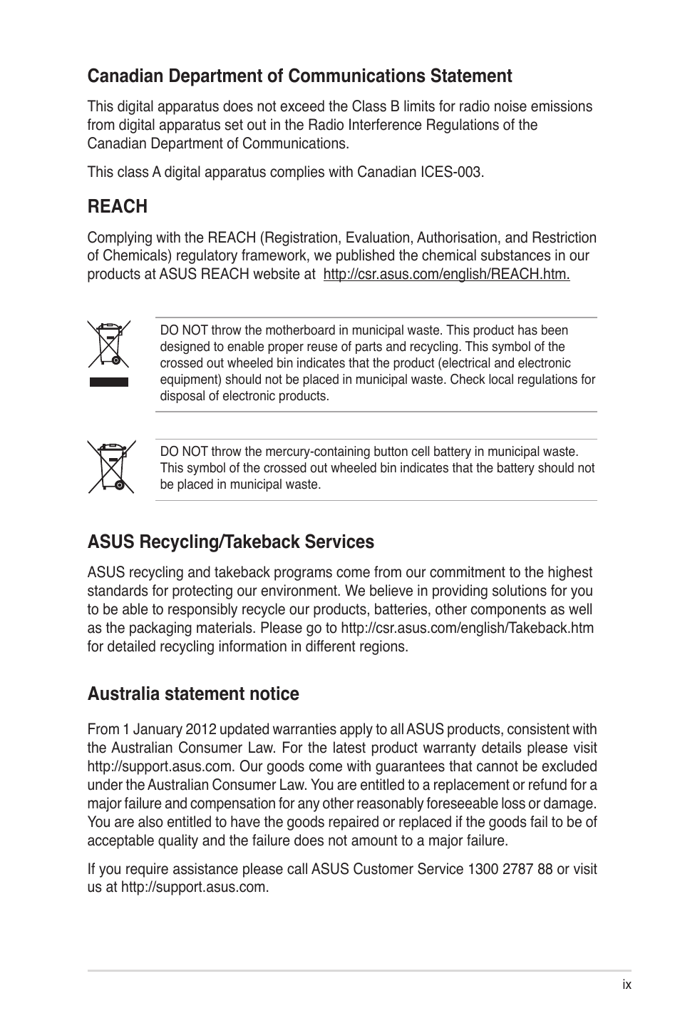 Canadian department of communications statement, Reach, Asus recycling/takeback services | Australia statement notice | Asus Z9NH-D12 User Manual | Page 9 / 196