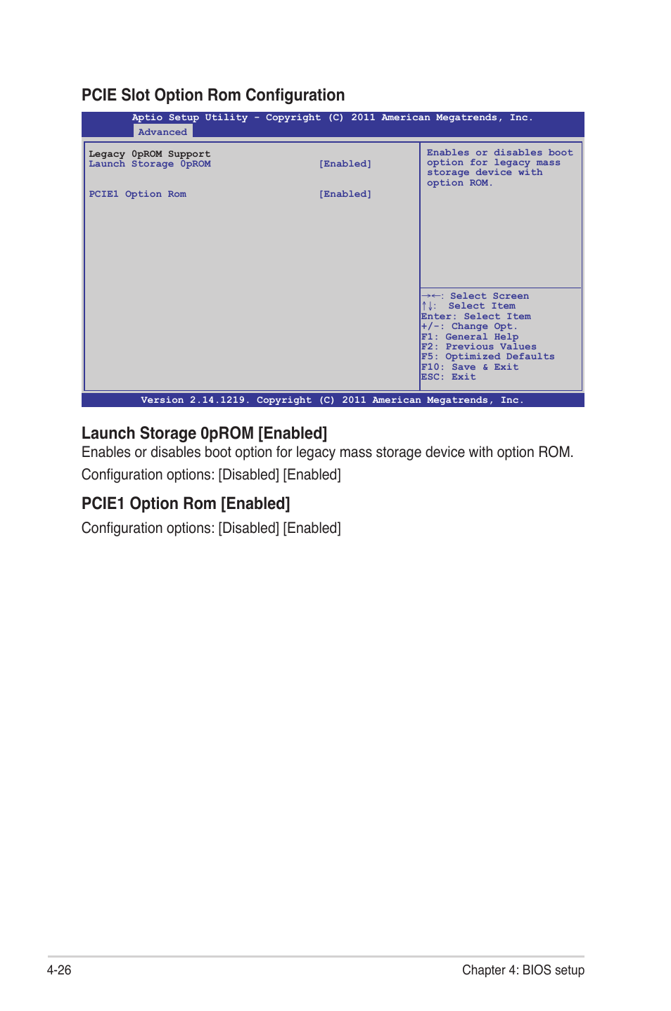 Pcie slot option rom configuration, Launch storage 0prom [enabled, Pcie1 option rom [enabled | Configuration options: [disabled] [enabled | Asus Z9NH-D12 User Manual | Page 92 / 196