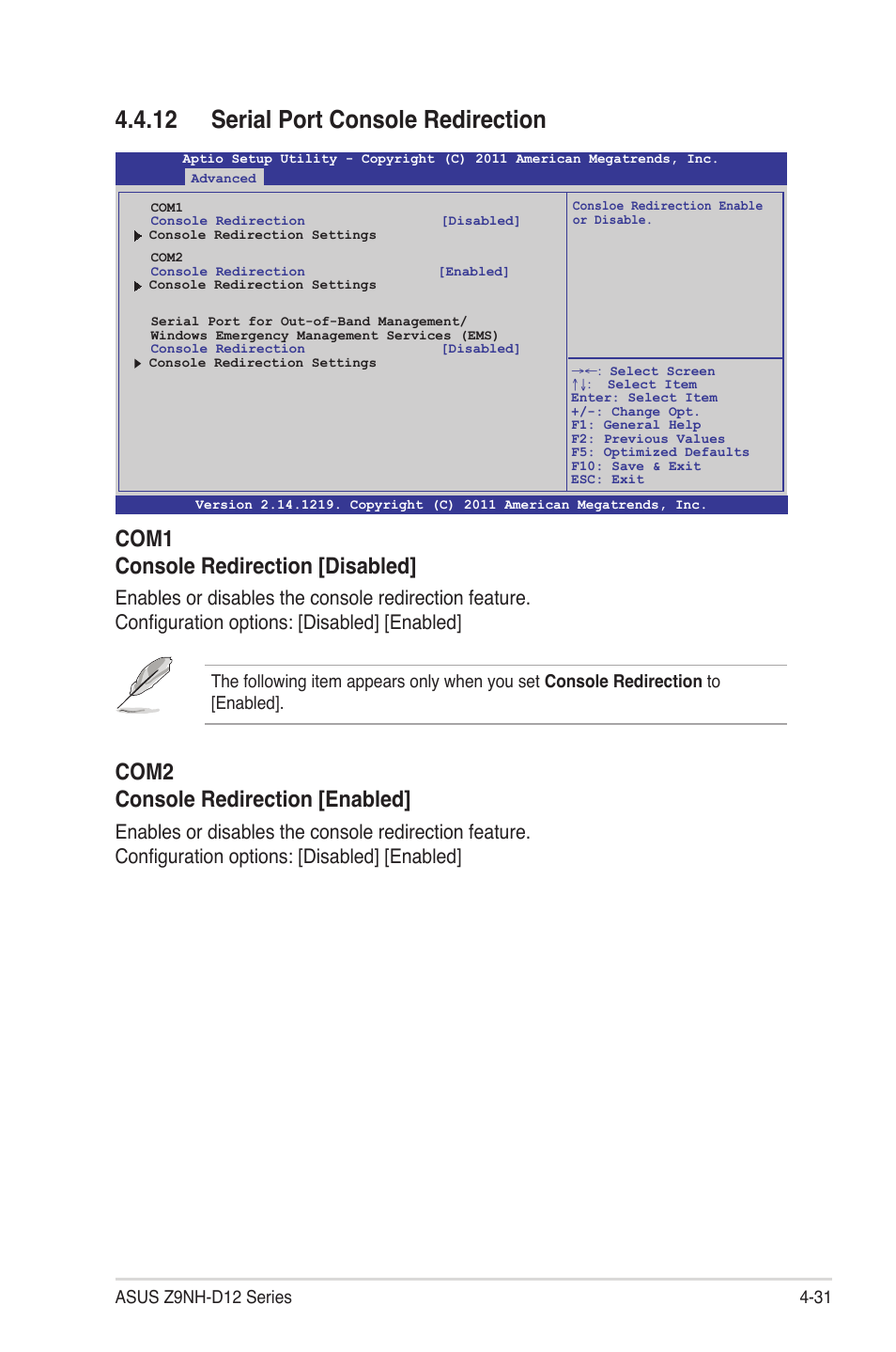 12 serial port console redirection, 12 serial port console redirection -31, Com1 console redirection [disabled | Com2 console redirection [enabled | Asus Z9NH-D12 User Manual | Page 97 / 196