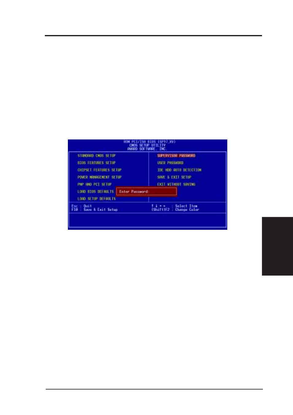 Iv. bios software, Supervisor password and user password | Asus SP97-XV User Manual | Page 49 / 90