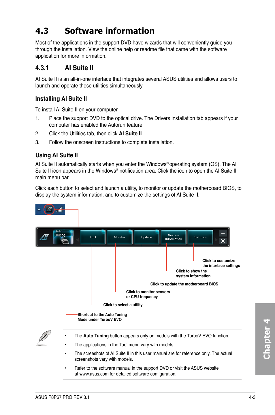 Software information -3 4.3.1, Ai suite ii -3, Chapter 4 4.3 software information | 1 ai suite ii | Asus P8P67 PRO (REV 3.1) User Manual | Page 107 / 136