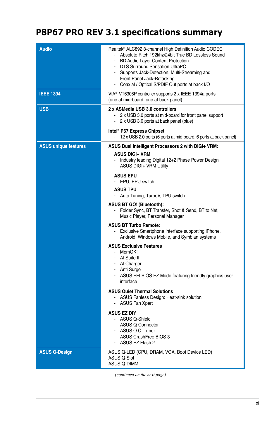 Asus P8P67 PRO (REV 3.1) User Manual | Page 11 / 136