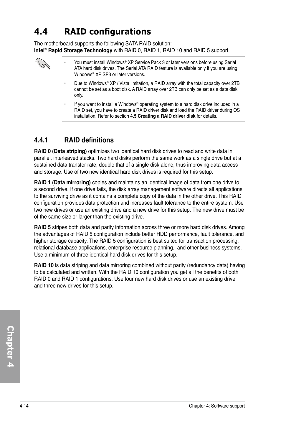 Raid configurations -14 4.4.1, Raid definitions -14, Chapter 4 4.4 raid configurations | 1 raid definitions | Asus P8P67 PRO (REV 3.1) User Manual | Page 118 / 136