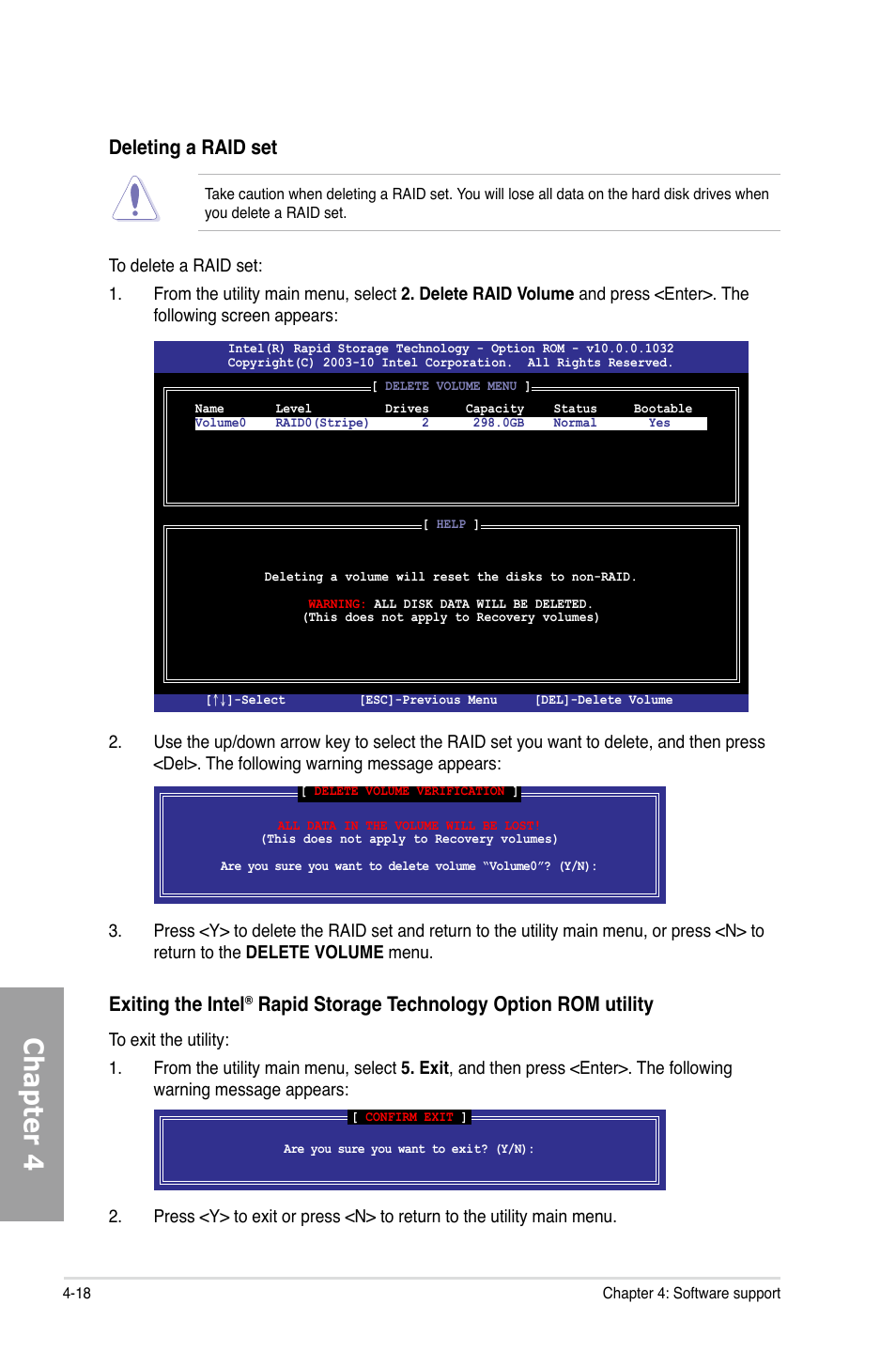 Chapter 4, Deleting a raid set, Exiting the intel | Rapid storage technology option rom utility | Asus P8P67 PRO (REV 3.1) User Manual | Page 122 / 136