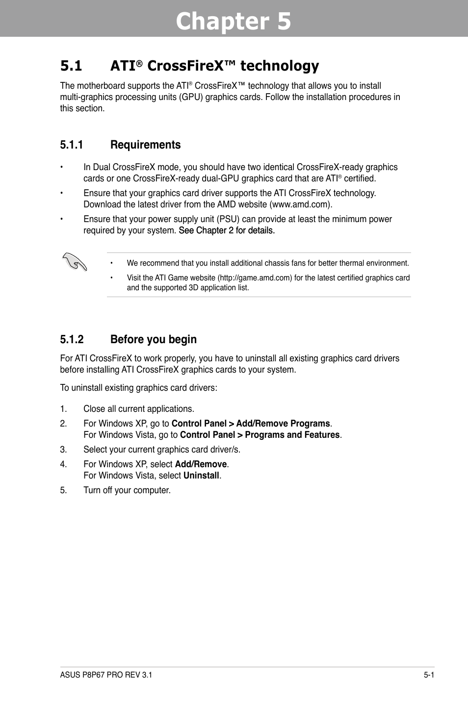 Chapter 5, Multiple gpu technology support, Crossfirex™ technology -1 | Requirements -1, Before you begin -1, 1 ati, Crossfirex™ technology, 1 requirements, 2 before you begin | Asus P8P67 PRO (REV 3.1) User Manual | Page 127 / 136