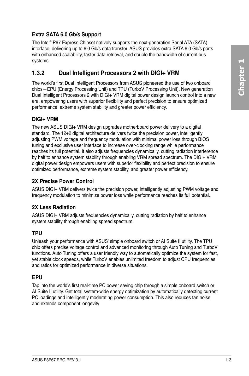 Dual intelligent processors 2 with digi+ vrm -3, Chapter 1, 2 dual intelligent processors 2 with digi+ vrm | Asus P8P67 PRO (REV 3.1) User Manual | Page 15 / 136